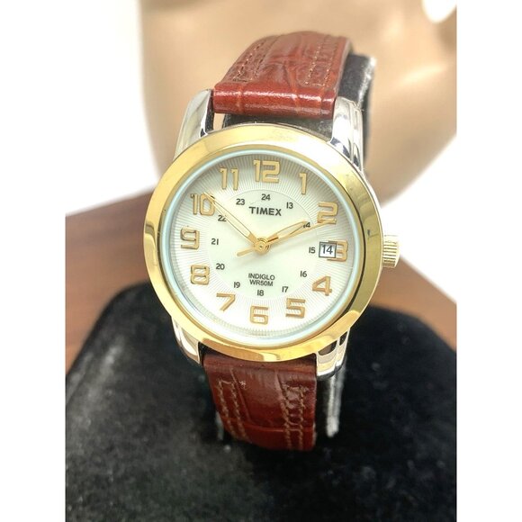 Timex Women's Watch T2N436 Indiglo Quartz Beige Dial Leather Strap 28mm - Picture 1 of 14